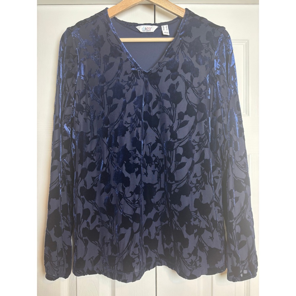 Denim & Co Navy Blue Burnout Velvet Floral V-Neck Long Sleeve Top Small